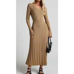 Showpo Blaire Midi Dress Long Sleeve Dress in Roasted Cashew size 10